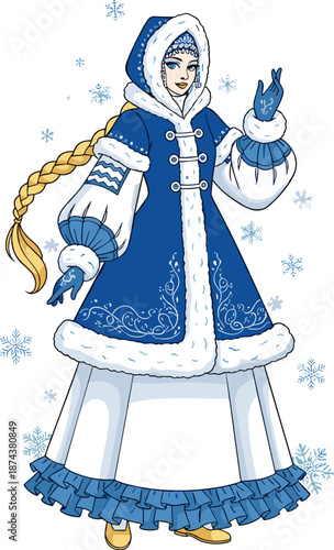 Winter folklore character, Russian snow maiden, traditional costume, festive attire, snowy background, seasonal celebration, cultural heritage, flat vector illustration