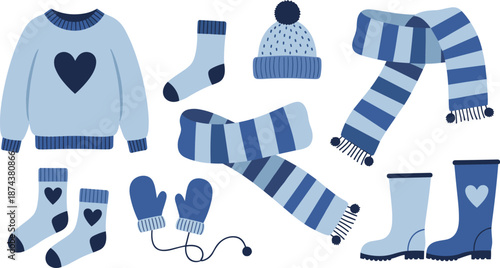 Winter clothing set, cozy sweater socks hat scarf boots mittens, warm seasonal outfit for kids, blue color palette, flat vector illustration