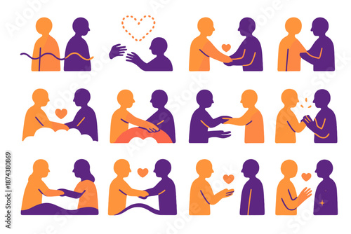 Emotional Distance Icons. Emotional Distance vector set in modern flat style : separated silhouettes, reaching hands, heart bridge, dotted line hearts, gentle