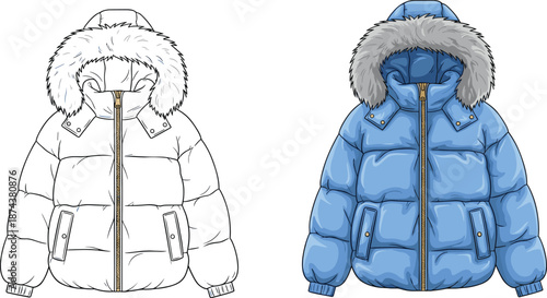 Winter jacket fashion illustration before and after, sketch and colored version, zipper pockets fur hood - flat vector illustration