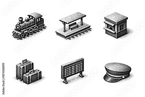 Vintage isometric train station icons set featuring dot style elements