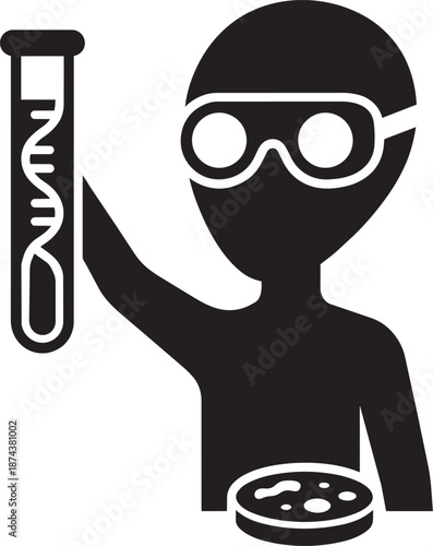 Grey alien performing biological analysis with test tube and petri dish silhouette illustration