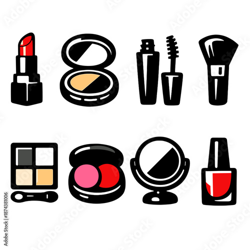 Brutalist Makeup Icons. Makeup icon set in silhouette bold style. Contain lipstick, compact, mascara, brush, eyeshadow, blush, mirror, nail polish