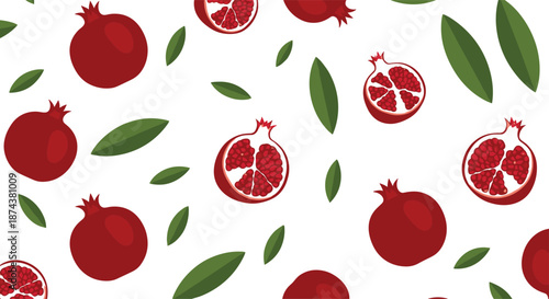 Seamless pomegranate pattern vector featuring whole fruits, halves, seeds, and green leaves in bright fresh botanical style