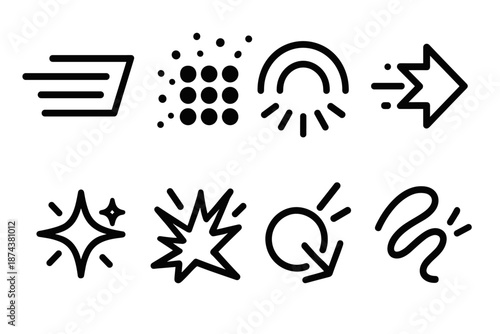 Arcade Icons Burst. Energetic Arcade Vibes set in outline vector style: fast streak line, flashing dotset, jump arc, turbo arrow, neon flash, action cluster, bounce mark, hyper curve