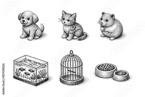 Halftone style pet icons featuring cute animals and accessories