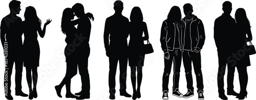 Couples silhouettes standing together showing love romance conversation relationship diversity modern lifestyle isolated on white background illustration concept design