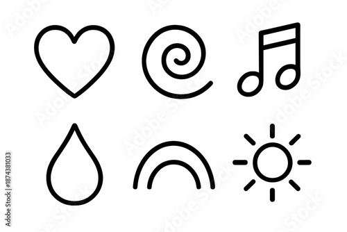 Harmony of Heart Icons. Emotional heartsong set in outline vector style : warm heart, soothing swirl, melodic droplet, expressive note, tender arc, soft glow
