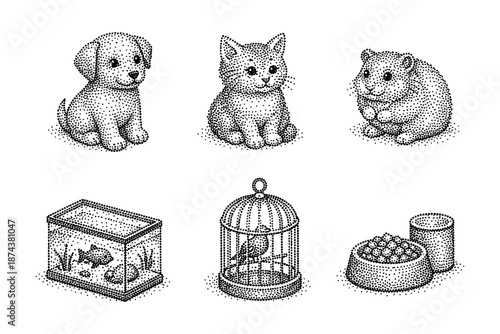 Stipple pet collection featuring puppy, kitten, hamster, fish tank, birdcage, and pet food