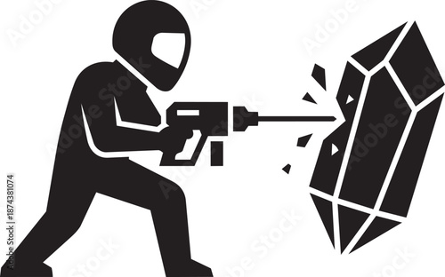 Miner wearing helmet drills large crystalline mineral resource for mining or geological exploration