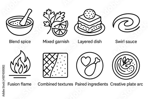 Fusion Cooking Icons. Fusion Cooking set in outline vector style: blended spice bowl, mixed garnish, layered dish, swirl sauce, fusion flame, combined textures, paired ingredients, creative plate arc