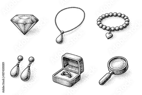 Elegant jewelry collection in detailed dotwork style featuring precious accessories