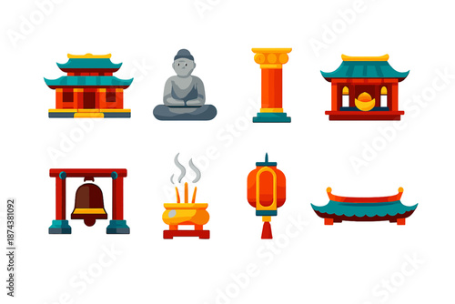 Minimalist Temple Icons. Temple vector set in modern flat style : temple building, statue, pillar, altar, bell, incense, lantern, roof