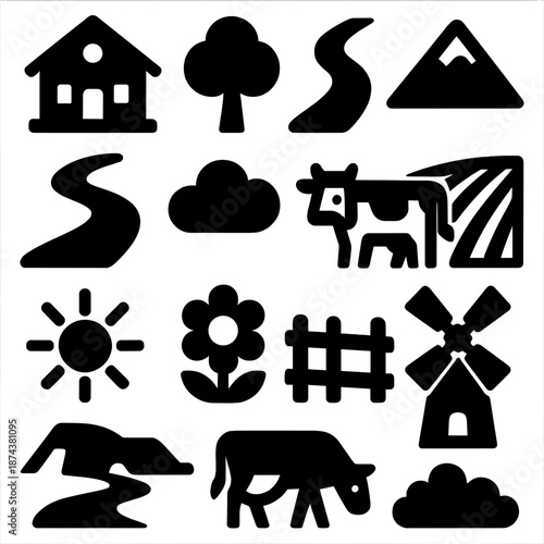 Wallpaper Mural Bold Countryside Icons. Peaceful Countryside icon set in silhouette bold style. Contain farmhouse, tree, river, mountain, path, cloud, cow, field, sun, flower, fence, windmill Torontodigital.ca