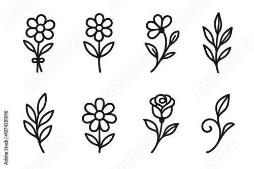 Elegant Floral Icons. Decorative Fresh Flora set in outline vector style: bouquet stem, floral accent, petal ring, elegant branch, leaf charm, soft bloom, gentle swirl, harmony curve