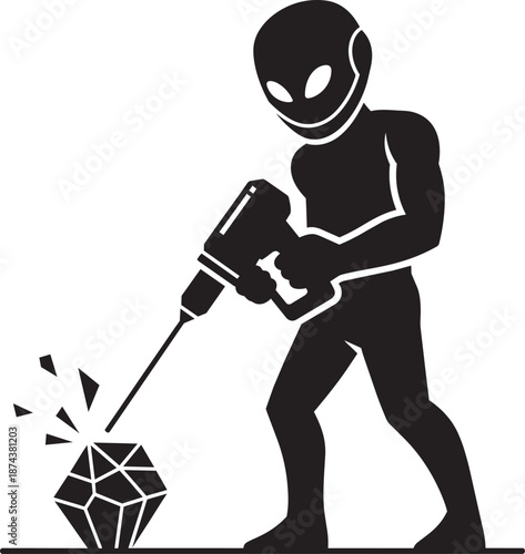 Powerful alien using electric drill machine to break apart crystalline rock mineral specimen