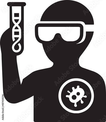 Scientist in protective gear holding test tube with dna strand and virus symbol on chest