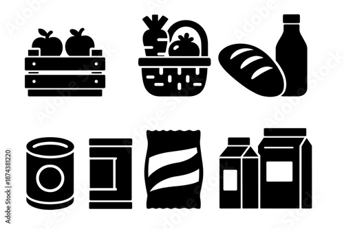 Bold Retail Icons. Retail Roam Store Items icon set in silhouette bold style. Contain fruit crate, vegetable basket, bread loaf, beverage bottle, canned food, snack bag, dairy carton, packaged goods