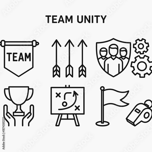 Team Unity Icons. Team Unity set in outline vector style: team banner, aligned arrows, shared trophy, group shield, strategy board, synchronized gears, victory flag, rally whistle