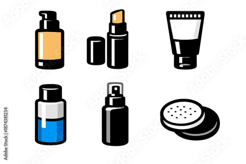Brutalist Beauty Icons. Beauty routine icon set in silhouette bold style. Contain foundation bottle, concealer stick, face primer, setting spray, makeup remover, cotton pad