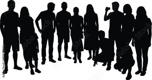 Group of people silhouettes standing together showing diversity teamwork community social interaction modern lifestyle isolated on white background illustration