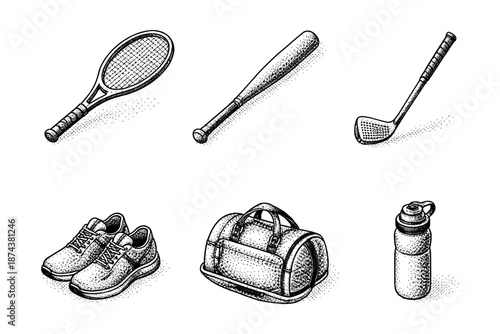 Hand drawn vintage sports equipment collection in stipple style
