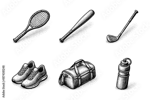 Hand drawn sports equipment set with tennis, baseball, and golf gear in stipple style