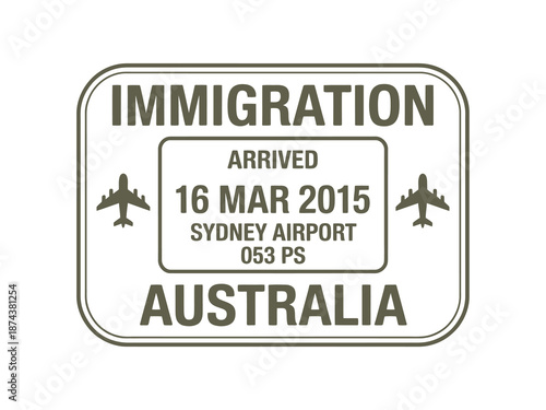 An australian immigration stamp featuring planes and arrival information from sydney airport