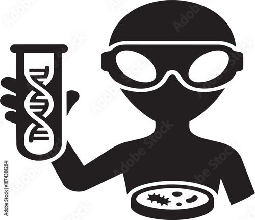 Scientist or alien holding dna helix test tube above petri dish with microorganisms study