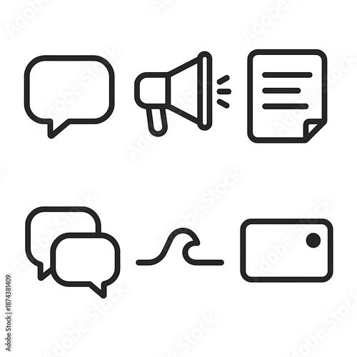 Communication Icon Set. Status Update communication set in outline vector style: speech bubble, megaphone, note sheet, chat line, message wave, highlight dot