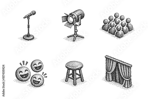 Retro comedy show icons in halftone style