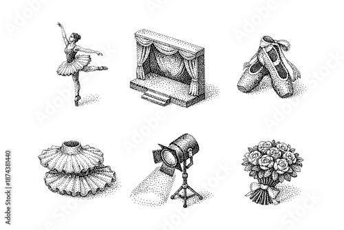 Elegant ballet icons: theater and dance elements in artistic dotted style
