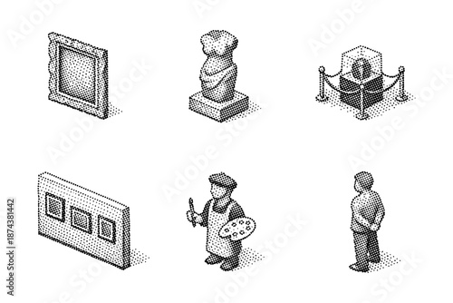 Isometric art gallery elements in dotwork style: frame, sculpture, painter, viewer