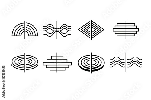 Symmetrical Abstract Icons. Abstract reflectionset in outline vector style mirrored arcs, symmetry line, concentric shapes, gradient ripple, flowing curve, layered blocks, soft waves, minimal pattern