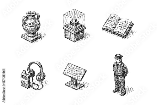 Isometric museum artifacts: vase, display, book, audio guide, sign, guard