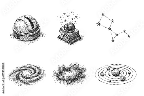 Astronomy symbols set: dotwork constellations, planets, telescope, and galaxy designs