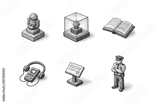 Isometric dotwork icons of museum elements: artifacts, displays, audio guide, and guard