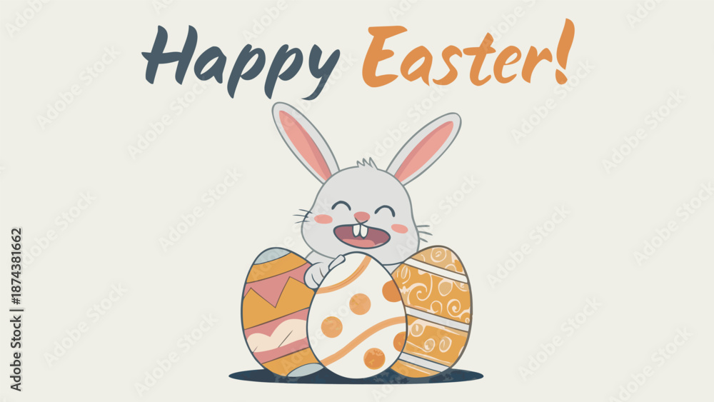 Obraz premium Cute Easter bunny with decorated eggs and Happy Easter text