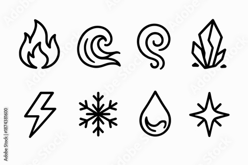 Elemental Icon Array. Elemental Forces set in outline vector style: flame burst, water wave, air swirl, earth shard, lightning streak, frost crystal, molten droplet, radiant spark