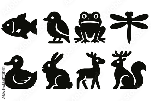 Riverside Animal Icons. Riverside Wildlife icon set in silhouette bold style. Contain fish, bird, frog, dragonfly, duck, rabbit, deer, squirrel