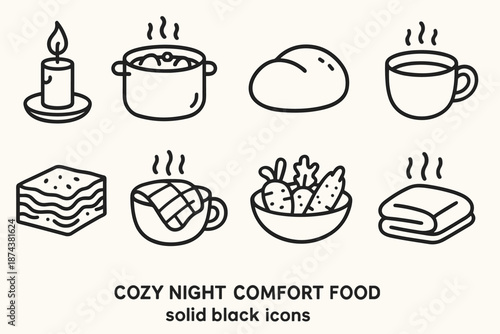Cozy Comfort Food Icons. Cozy Night Comfort Food set in outline vector style: candle glow, stew pot, soft bread roll, warm drink cup, layered lasagna slice,