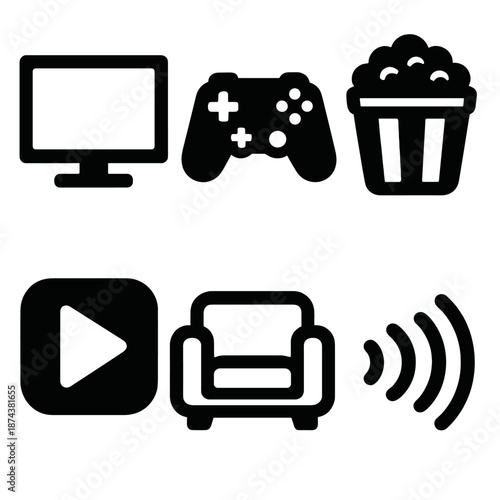 Brutalist Entertainment Icons. Home entertainment icon set in silhouette bold style. Contain television screen, game controller, popcorn bowl, streaming play button, cozy sofa, sound waves