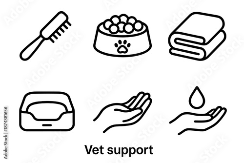 Vet Care Essentials. Vet Support care set in outline vector style: grooming brush, feeding bowl, soft towel, recovery bed, gentle hand, soothing droplet