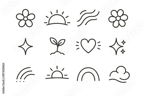 Spring Mood Icons. March 8 Spring Mood set in outline vector style: tender petals, warm daylight arc, soft breeze trace, radiant bloom, hopeful spark, fresh
