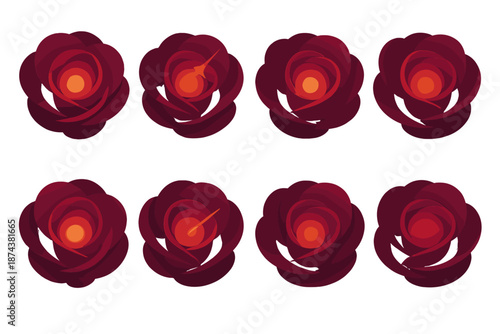 Velvet Rose Glow. Rose Night Velvet Bloom vector set in modern flat style : layered petal form, rich rose curve, radiant orb, subtle flare shard, tender dot, calm glow line