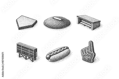 Vintage halftone icons set featuring pie, bread, table, billboard, hot dog, and foam finger