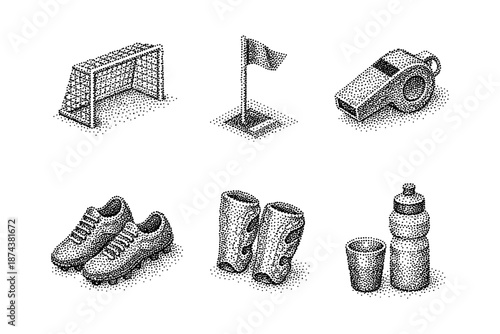 Soccer essentials dot art: goal, flag, whistle, shoes, shin guards, bottle