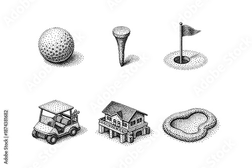 Vintage stipple golf elements featuring ball, tee, flag, cart, clubhouse, and sand trap
