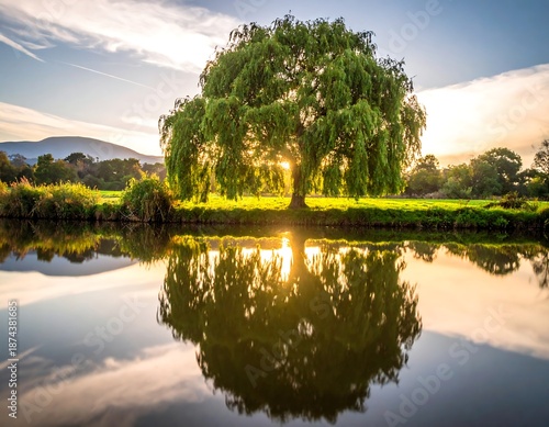 Large willow tree with vibrant green leaves at sunset, reflected in water