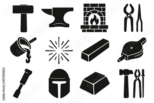 Brutalist Forge Icons. Forge icon set in silhouette bold style. Contain blacksmith hammer, anvil, furnace, tongs, molten metal, sparks, metal bar, bellows, chisel, helmet, steel ingot, forge tools